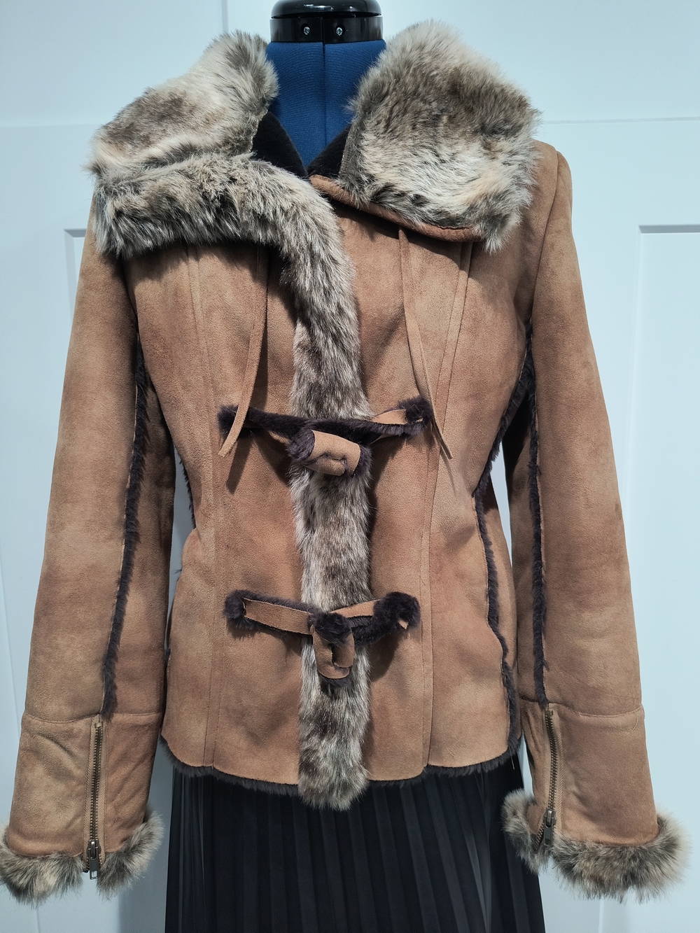 Fabulous Furs Tan Suede Toggle Jacket with Faux Fur Trim